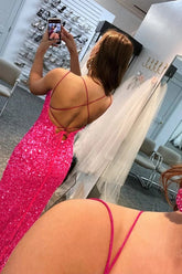 Mermaid Glitter Sequins Hot Pink Backless Long Prom Dress